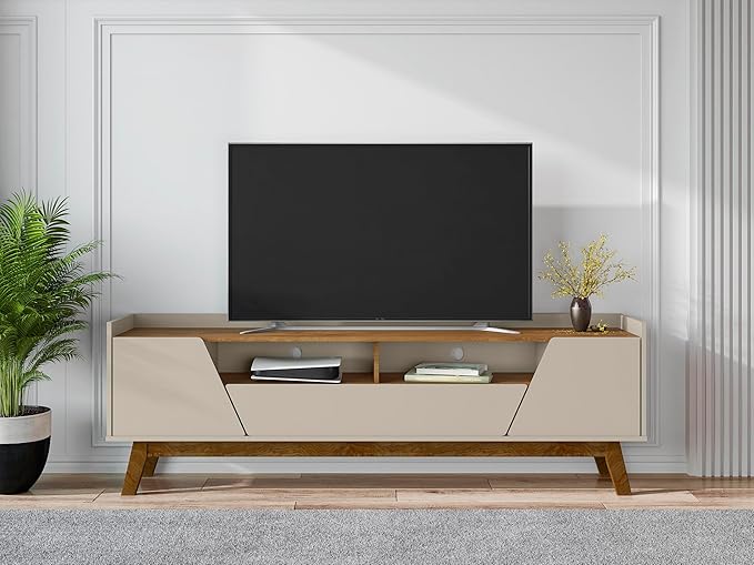 Manhattan Comfort Marcus Mid Century Modern 70 Inch TV Stand with Drawers, Cable Management, 4 Shelves and Soft Close Doors, Entertainment Center and Media Console for Living Room, Off White