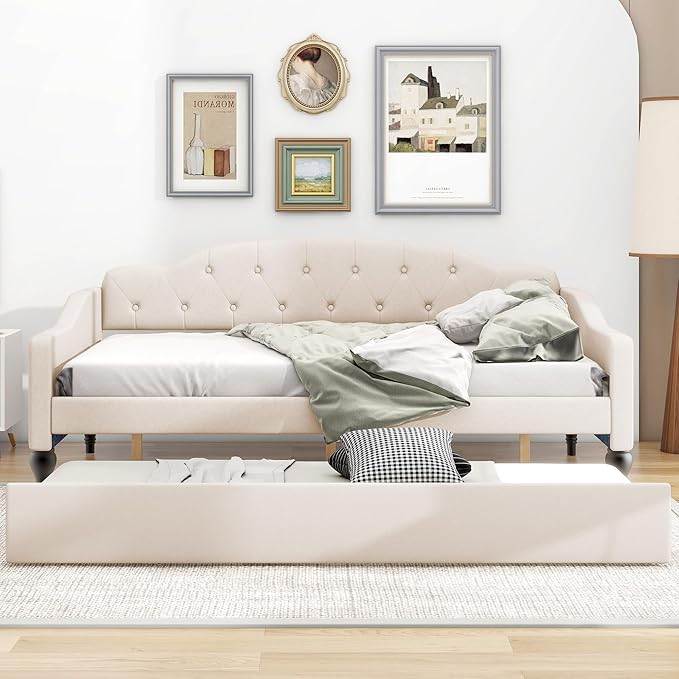 Full Size Linen Upholstered Tufted Daybed with Twin Size Trundle,Sofa Bed,No Box Spring Needed, Furniture for Bedroom Living Room Guest Room,Beige