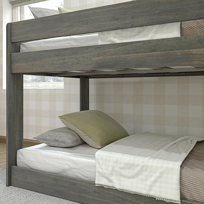Max & Lily Modern Farmhouse Low Bunk Bed, Twin-Over-Twin Bed Frame For Kids, Driftwood