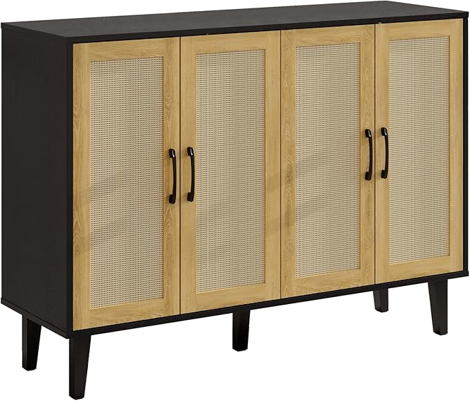 Storage Cabinet with Rattan Trim - 4 Door Sideboard Buffet Cabinet with Storage, Accent Cabinet with Shelves for Bathroom, Coffee Bar, Kitchen, Living Room, Hallway (Black)