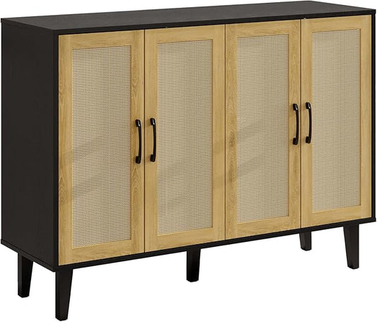 Storage Cabinet with Rattan Trim - 4 Door Sideboard Buffet Cabinet with Storage, Accent Cabinet with Shelves for Bathroom, Coffee Bar, Kitchen, Living Room, Hallway (Black)