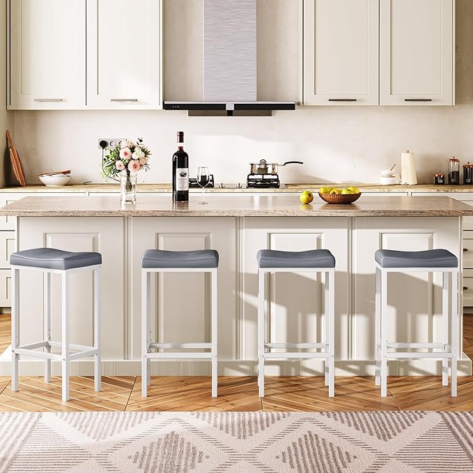 HOOBRO Bar Stools, Set of 2 Counter Height Saddle Chairs, 24.8 Inches, 2.4" Thick Upholstery, White and Gray WG10BY01