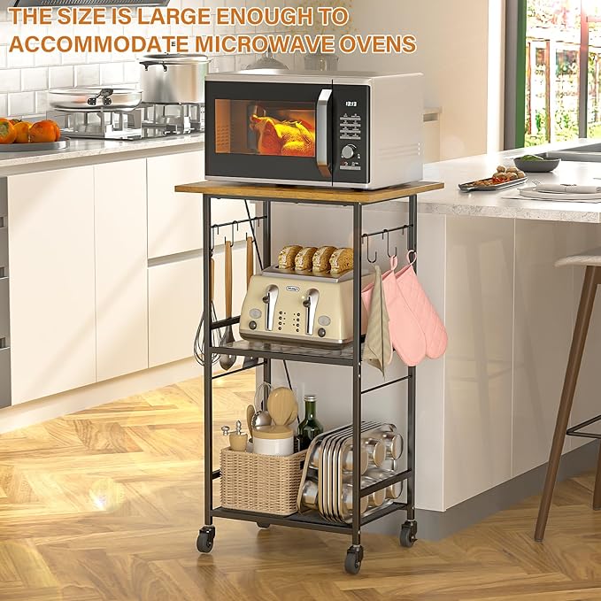 Rolling Kitchen Microwave Cart, 3 Tier Microwave Table Stand with Adjustable Shelf, Kitchen Storage Rack on Wheels, Coffee Station Cart Rack Shelf Organizer for Living Room Office, Balcony