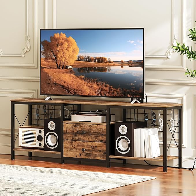 TV Stand with Power Outlet Up to 70 Inch, Entertainment Center with 2 Fabric Drawers, TV Console Table with Open Storage Shelves for TVs, Cable Management, for Living Room, Bedroom, DS16UBRY1