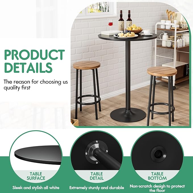 Shahoo Round Bar Table, Cocktail Tables with Metal Base & MDF Top, for Bistro Pub, Cafe, Black