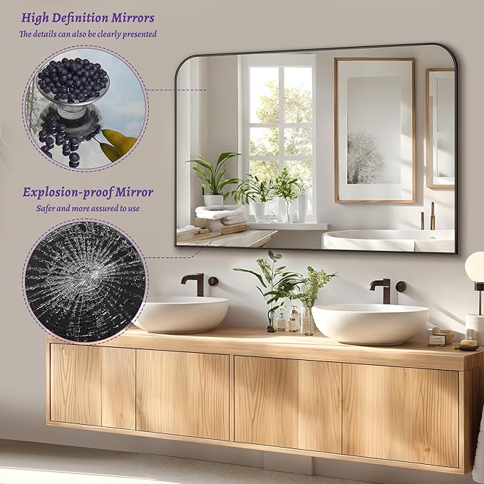 Bathroom Mirror, Wall Mirrors, Black Metal Framed Wall-Mounted Mirrors, Bathroom Vanity Mirror for Over Sink, Living Room, Bedroom, Entryway, 48x36 Inch, Black