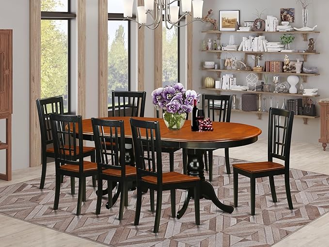 East West Furniture PLNI9-BCH-W 9 Piece Dining Table Set Includes an Oval Dining Room Table with Butterfly Leaf and 8 Wood Seat Chairs, 42x78 Inch, Black & Cherry