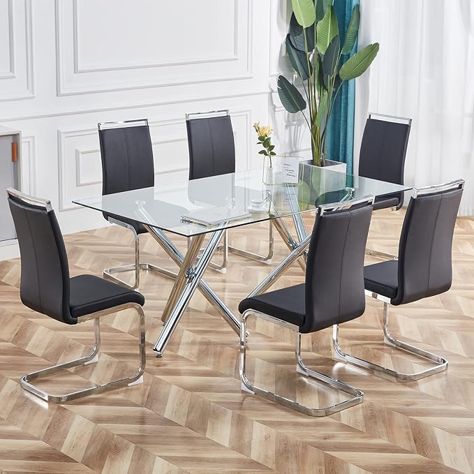 Dining Chairs Set, Kitchen Modern Metal Chairs with Faux Leather Padded Seat High Back and Sturdy Chrome Legs, Chairs for Dining Room (Black-1, Set of 4)