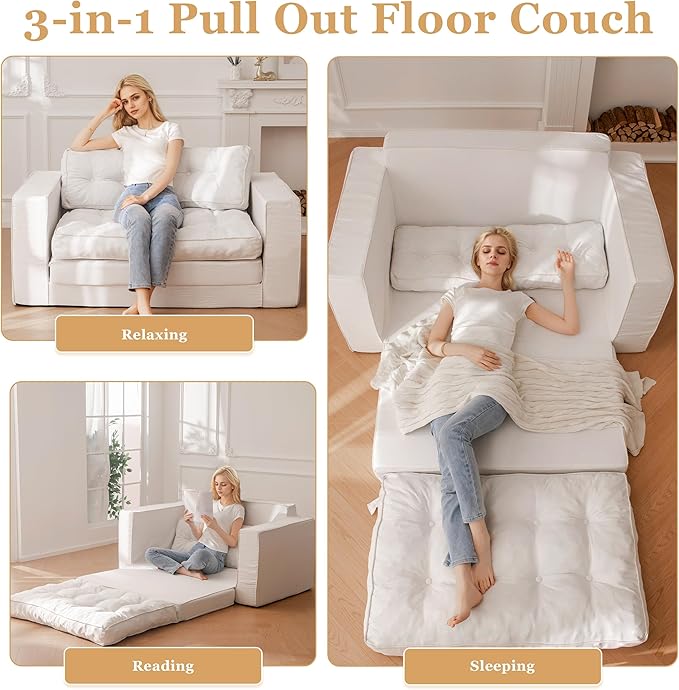 YOSHOOT Loveseat Sleeper Sofa,55" Convertible Sofa Bed Couch Futon Couches for Living Room,3-in-1 Pull Out Floor Couch with Backrest and Pillows