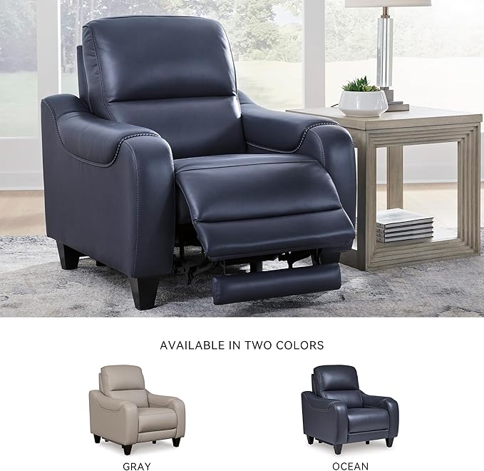Signature Design by Ashley Mercomatic Contemporary Leather Match Wall Hugger Power Recliner with Adjustable Headrest and USB Ports, Blue