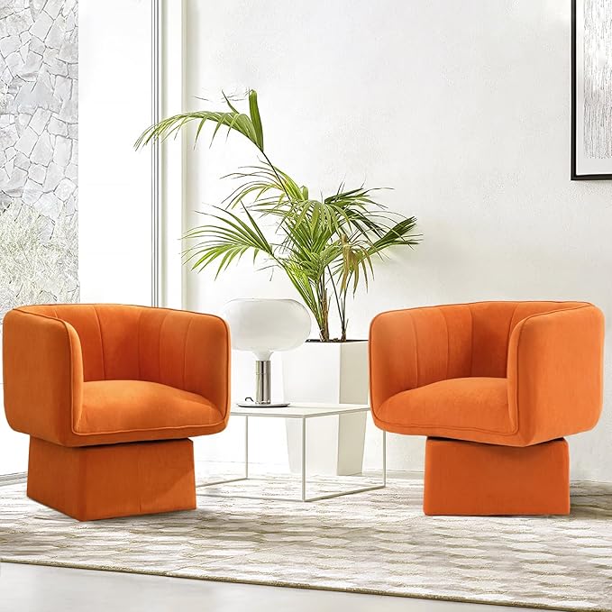 Swivel Accent Chair with Armrest, Modern Velvet Barrel Chair 360 Degree with Curve Back and Soft Cushion,Comfy Round Armchair Reading Chair Single Sofa for LivingRoom,Bedroom,Waiting Room,Orange