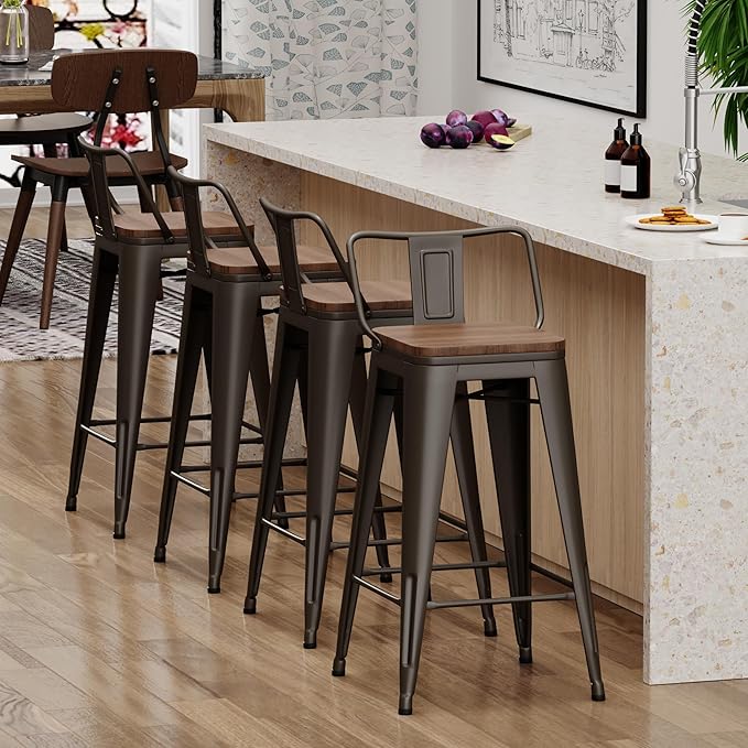 Yongchuang 30 inch Bar Stools Set of 4 Bar Height Metal Barstools with Wood Seat Low Back Kitchen Bar Chairs Gunmetal