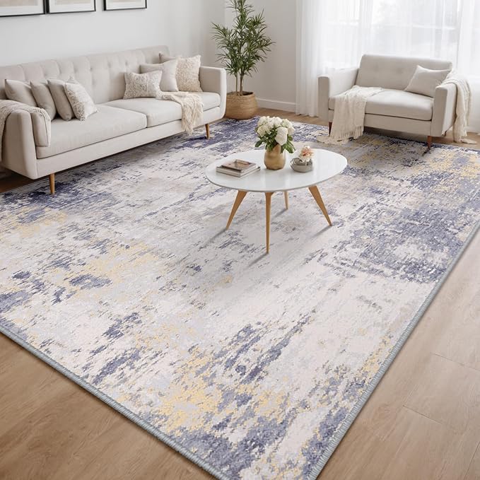 Washable Area Rugs 9'x12' Non-Slip Modern Abstract Soft for Living Room Entryway Bedroom Nursery, Print Pattern, Purple Grey Cream Yellow