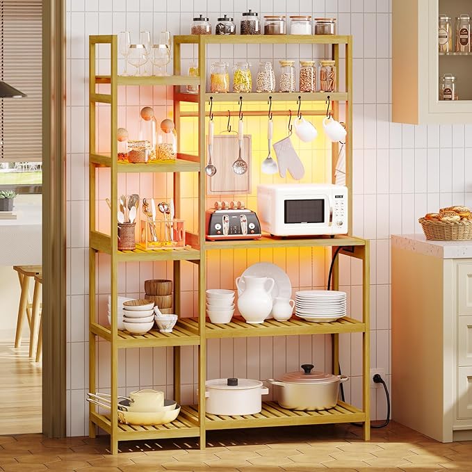 Bakers Rack with Power Outlet, Coffee Bar, 10-Tier Kitchen Shelves with 8 Hooks, Microwave Stand Kitchen Rack Freestanding Utility Storage Shelf, 15.7 x 41 x 65 Inches, Bamboo