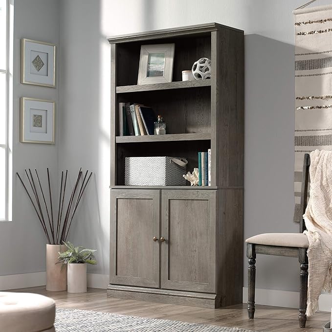 Sauder Select Book Shelf, Bookshelf with Storage, Library Bookcase with Doors and Adjustable Shelves, in Mystic Oak