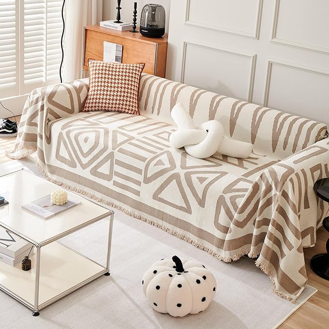 VM VOUGEMARKET Sectional Couch Cover for 3 Cushion Geometric Pattern Chenille Sofa Cover Dog Proof Universal Sofa Slipcover L Shaped Sofa Furniture Protector with Tassels-71 x 134,Khaki