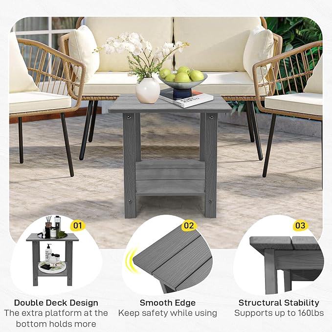 Melucivi Weather Resistant Outdoor Side Table, Double Small Adirondack Side Table for Adirondack Chair - Indoor Outdoor End Table, Patio Table for Pool, Deck and Porch (Dark Grey)