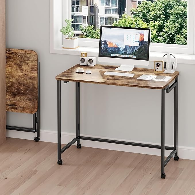 JSB Small Folding Computer Desk with Storage Bag and Hook Writing Modern Industrial Work Table Laptop for Home Office White (Rustic & Brown, 27.6")
