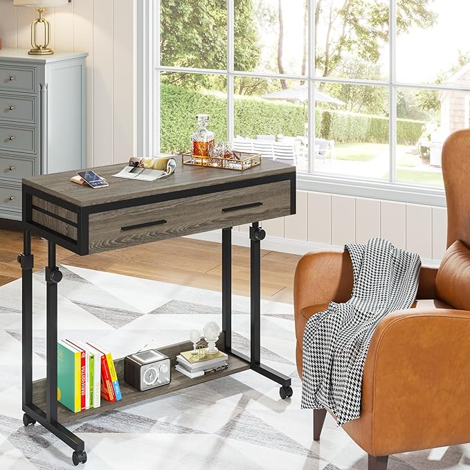Tribesigns Portable Desk with Drawers, Mobile Laptop Desks with Wheels, Couch Desk Sofa Side Table, Small Standing Desks for Home Office (Retro Grey)