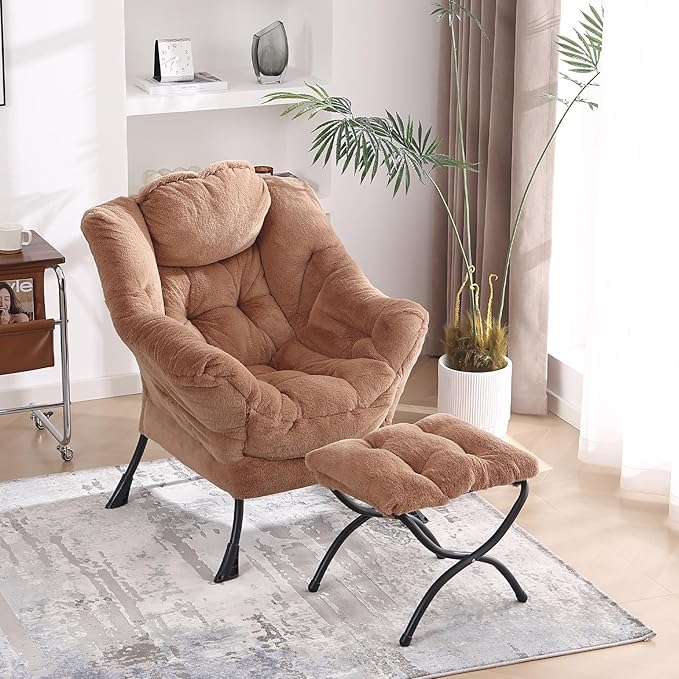 Lazy Chair with Folding Ottoman, Modern Accent Lounge Armchair with Armrests and a Side Pocket & Foldable Footstool, Leisure Reading Chair for Living Room, Bedroom, Dorm & Office, Plush Brown