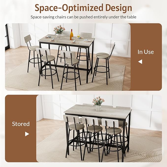 Rovibek Dining Table Set for 6, Bar Table and Chairs Set, Modern 6 Piece High Top Table and Chairs, Industrial Bar Height Pub Tables for Kitchen, Dining Room, Grey