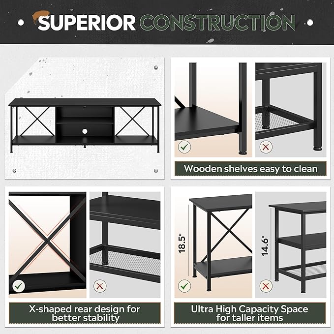 WLIVE TV Stand for 70 Inch TV, Entertainment Center with Storage, Industrial TV Console for Living Room and Bedroom, Black
