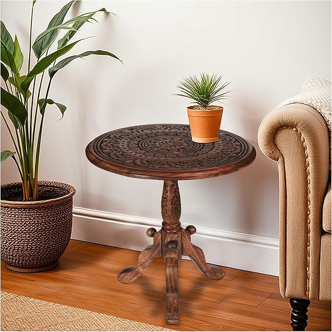 The Wooden Town Handcrafted Carved Round Side Table – 18x21 Inch Coffee Table for Living Room | Solid Wood Accent End Table with Pedestal Base | Altar Table for Home Décor