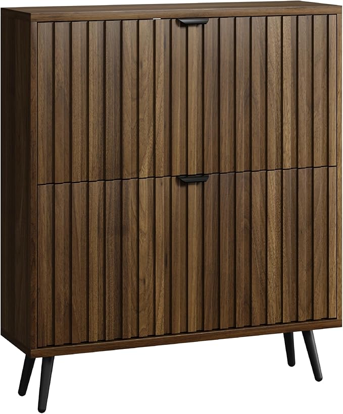 Smuxee Shoe Cabinet with 2 Flip Drawers, 31.5" Walnut Hidden Shoe Storage Cabinet with Fluted Design, Freestanding Shoe Organizer Cabinet for Entryway, Hallway, Closet, Living Room