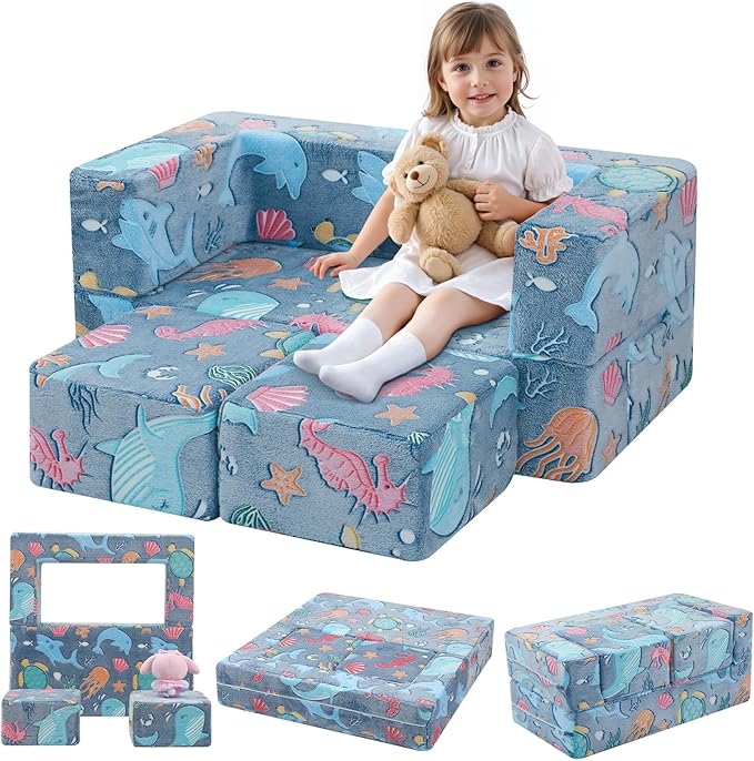 MeMoreCool Modular Kids Couch, Glow Play Toddler Couch for Bedroom Playroom, Convertible Foam Kids Sofa Bed, Fold Out Baby Sofa for Girl Boy