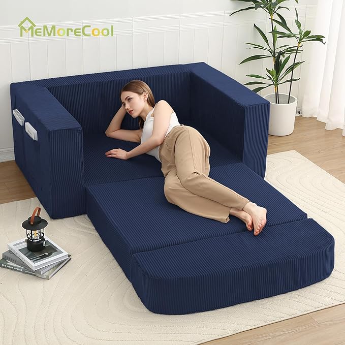 MeMoreCool Transform Your Space – 2-in-1 Corduroy Loveseat & Sleeper, Boneless High-Density Foam Floor Sofa with Removable Washable Cover, Fold-Out Couch for Apartments & Guest Stays
