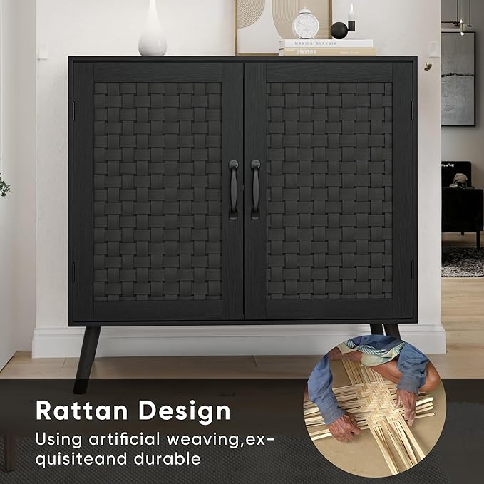 Smuxee Black Sideboard, Freestanding Buffet Cabinet with 2 PVC Rattan Doors, Storage Cabinet with Adjustable Shelf for Living Room, Entryway, Hallway
