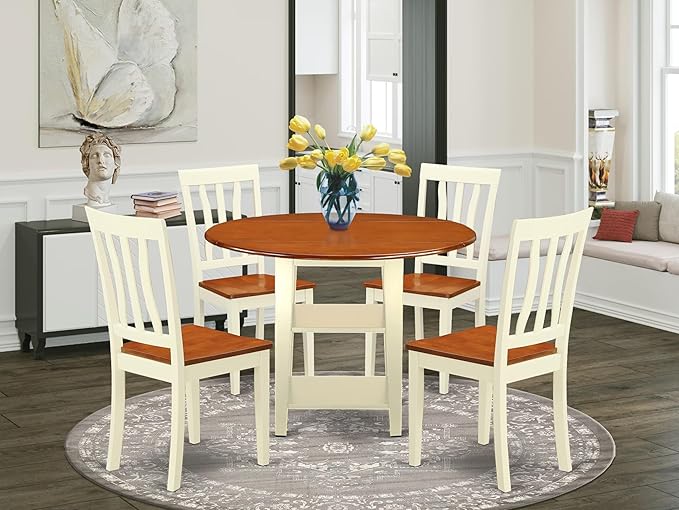 East West Furniture SUAN5-BMK-W 5 Piece Modern Dining Table Set Includes a Round Wooden Table with Dropleaf & Shelves and 4 Dining Room Chairs, 42x42 Inch, Buttermilk & Cherry