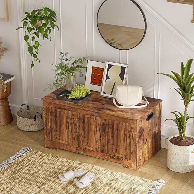 DINZI LVJ Storage Chest, 39.4”Wooden Storage Box with 2 Safety Hinges, Entryway Shoe Bench with Flip-Top, Trunk for Living Room, Bedroom, Easy Assembly, Rustic Brown