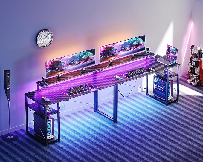 MOTPK 48 Inch Gaming Desk with Storage & Led Lights, Computer Desk with Power Outlet & Shelf, Reversible Gamer Desk with Adjustable Monitor Stand, Carbon Fiber Texture Black