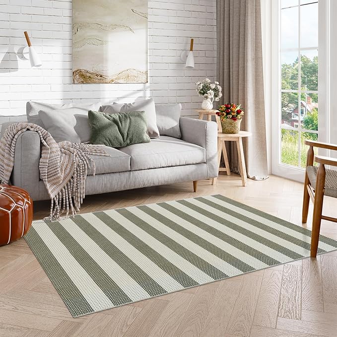 OJIA Striped Outdoor Area Rug 4'x6' Washable Patio Rugs Cotton Woven Living Room Rug Farmhouse Indoor Outdoor Rugs Large Floor Carpet for Courtyard/Bedroom/Entryway (Green/White/Tan)
