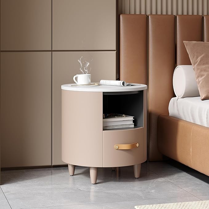 Merax Round Nightstand with Storage Drawer, MDF Contemporary Modern Bedside Table with Open Storage Shelf, Curved Design Sofa End Table for Bedroom & Living Room, Easy Assembly, Khaki
