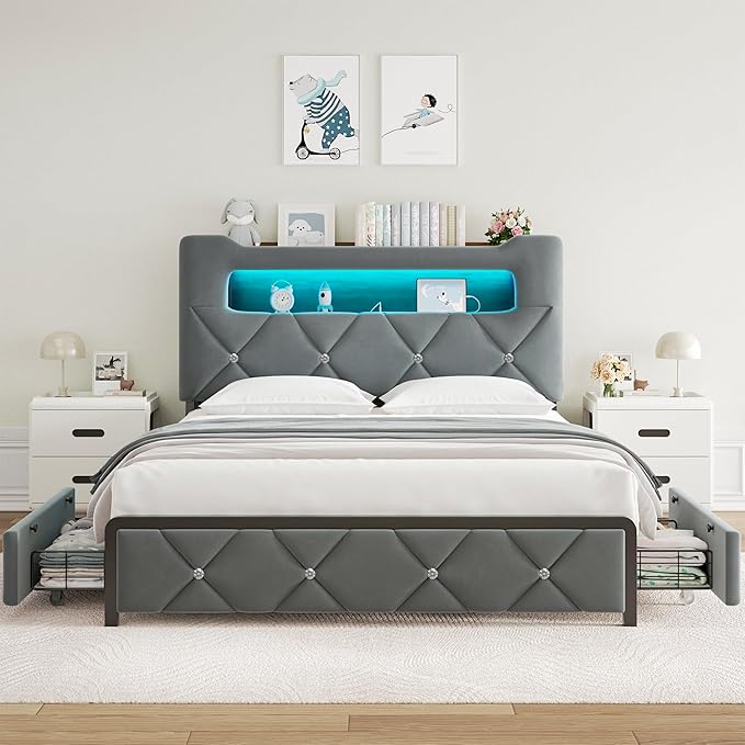 Full Upholstered LED Bed Frame with 2 Storage Drawers and 2-Tier Storage Headboard, Velvet Platform Bed with Charging Station & Bookcase, Corner Bed Frame, Heavy Duty Metal Support, Grey