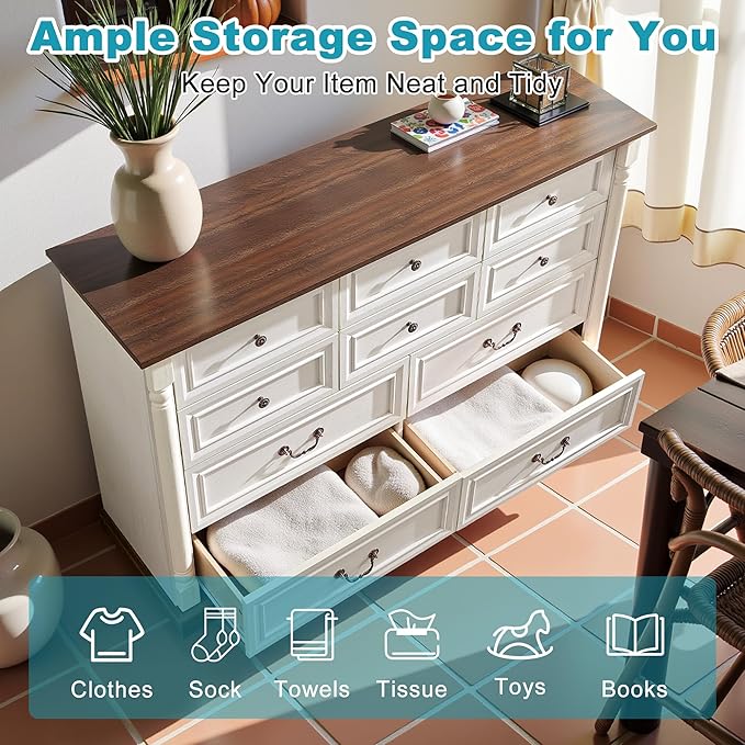 53.54" Farmhouse Sideboard Buffet Cabinet with Storage, Kitchen Buffet Storage Cabinet with 10 Drawers, Modern Wood Accent Sideboard for Living Room, Kitchen, Hallway(Antique White)