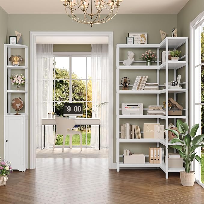 Keyluv 72" Tall Corner Bookshelf with Door, 6-Tier L Shaped Bookshelves and Bookcase with Storage Cabinet, 2 Pieces Individual Convertible Book Shelf, Display Shelf for Home Office Living Room, White