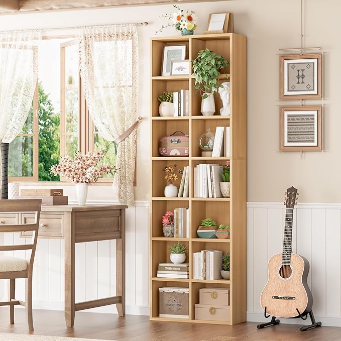 FOTOSOK 71’’ Narrow Bookshelf and Bookcase, Wooden Shelf 7 Tier Media Storage Tower Rack, CD DVD Storage Tower Rack with Adjustable Shelves,Double Wide Slim Bookshelf Cube Storage Organizer, Natural