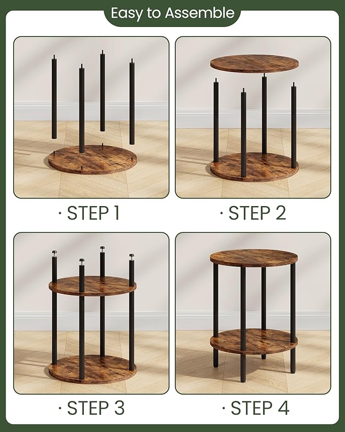 Round Side Table, 2-Tier End Table, Small Side Table with Metal Tube, Industrial Coffee Table, for Living Room, Bedroom, Rustic Brown and Black TBZ11BF