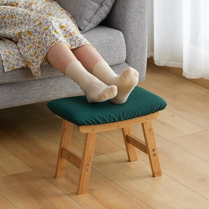 Foot Stool Ottoman Foot Rest Under Desk,Small Stool for Living Room, Bedroom and Kitchen (Natural Legs - Green Stool Surface)