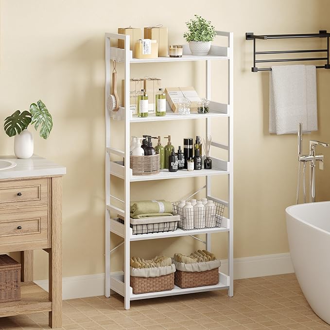 Rolanstar Bookshelf 5 Tier with 4 Hooks, Industrial Bookcase, Vintage Storage Rack with Open Shelves, Rustic Standing Bookshelves Metal Frame Display Rack for Living Room, Bedroom, White