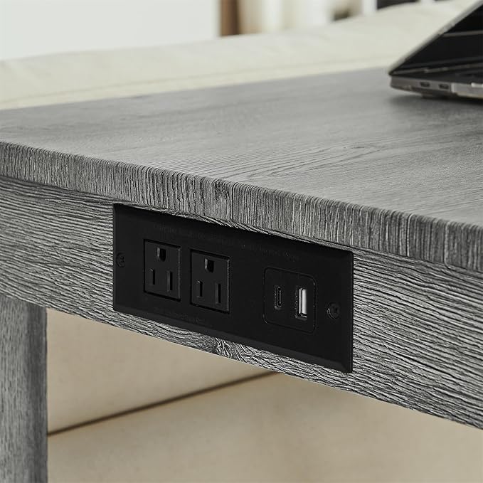 KEIKI 4-Piece Bar Table Set with Charging Station - 59" Industrial Kitchen Table & 3 Upholstered Stools, USB/Type-C/AC Outlets, Solid Wood Frame - for Dining Room, Apartment, Living Room (Grey)