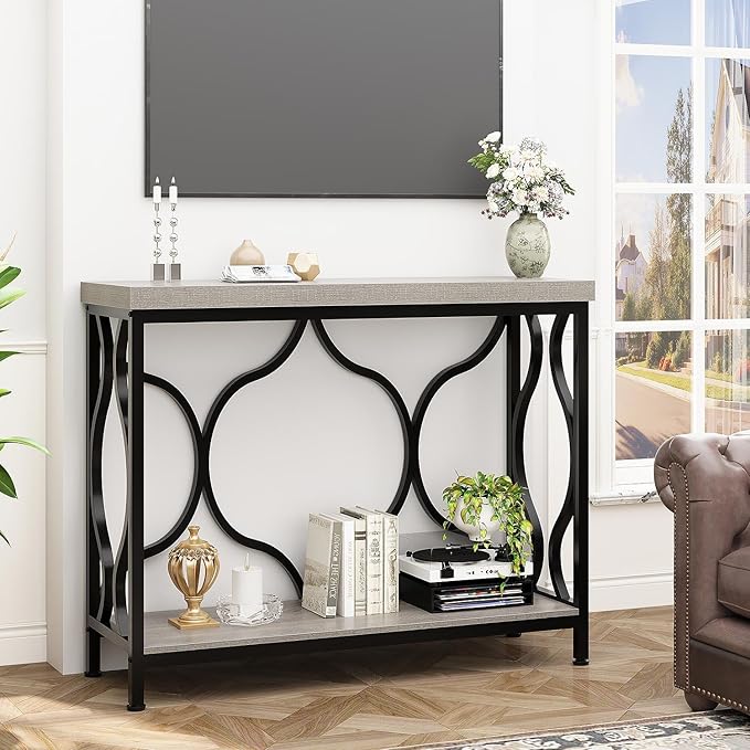 IBF Entryway Table with Storage, Modern Wood Metal Console Sofa Table Behind Couch Tables, Industrial Narrow Hallway Table for Small Living Room Home Office Foyer Entry Way Entrance, Grey, 39.4 Inch
