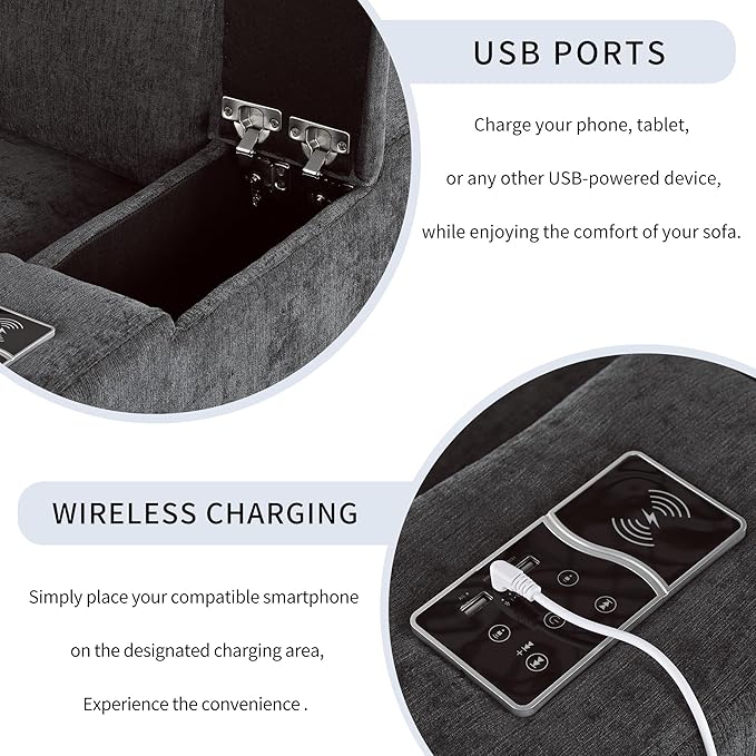 133.9 Inch Modular Convertible Sectional Sofa with Storage, USB Ports, Wireless Charging & Built-in Speaker in Arm, L-Shaped Upholstered Sleeper Couch for Living Room Office, Gray