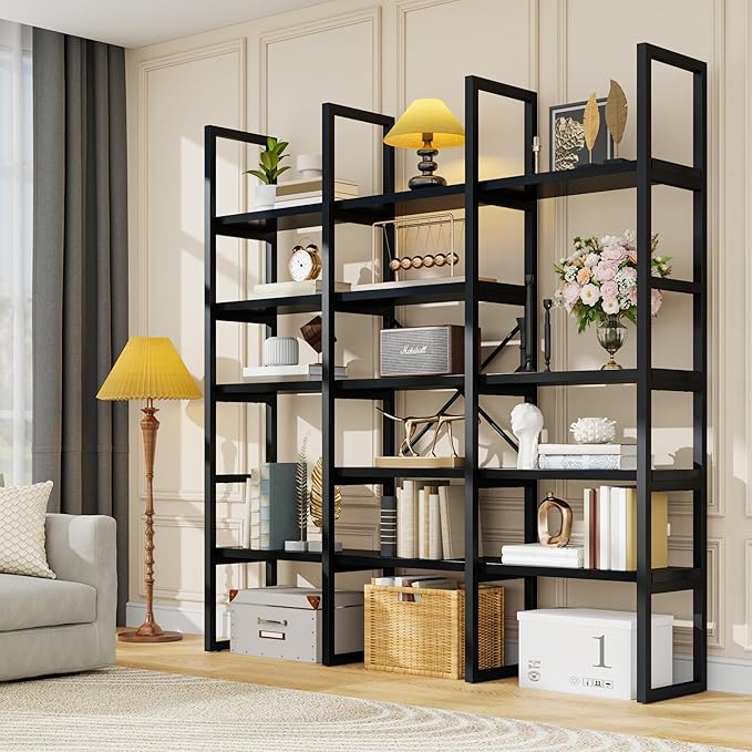 Semoic Large Bookshelf 5 Tiers, Triple Wide Geometric Bookcase, 71 Inches Tall Industrial Book Shelves Etagere Book Case, Sturdy Metal Frame, Freestanding Display Shelving Unit (Black)