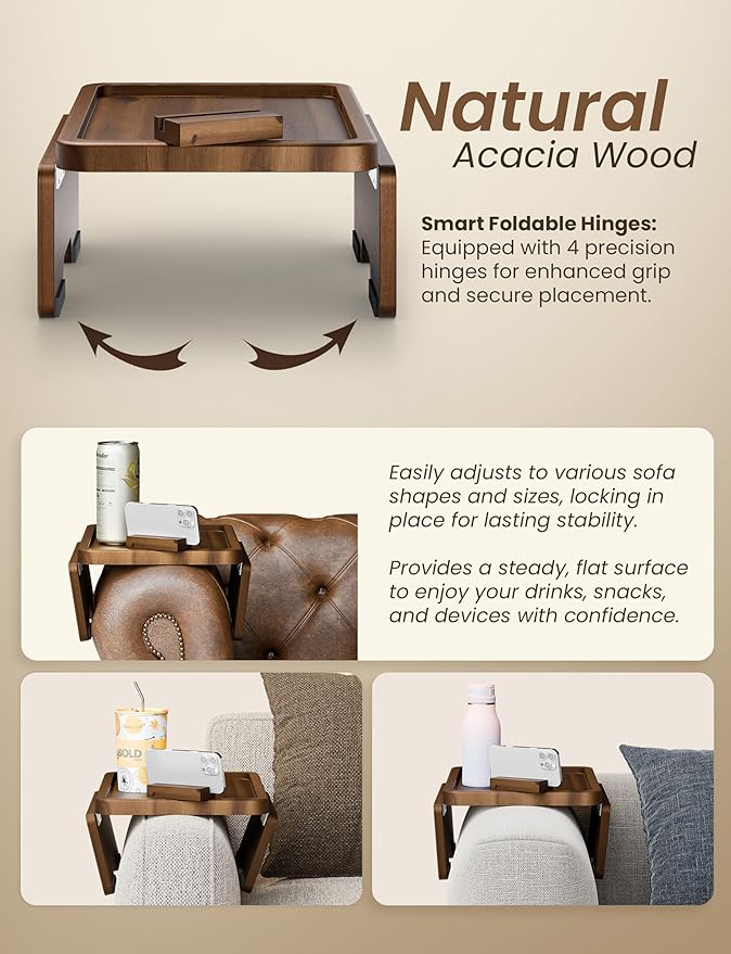 HOLANA 15.75" Acacia Couch Armrest Table - Wood Couch Arm Tray with Phone Holder – Sofa Side Table, Armchair Caddy, Sofa Arm Table for Home Sofa Living Room (Walnut)