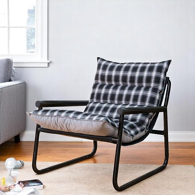 Plush Modern Accent Chair Single Comfy Chair for Bedroom — Ergonomic Lounge Chair with Stylish Upholstery, Space-Saving Design & Easy Assembly Plaid & Grey