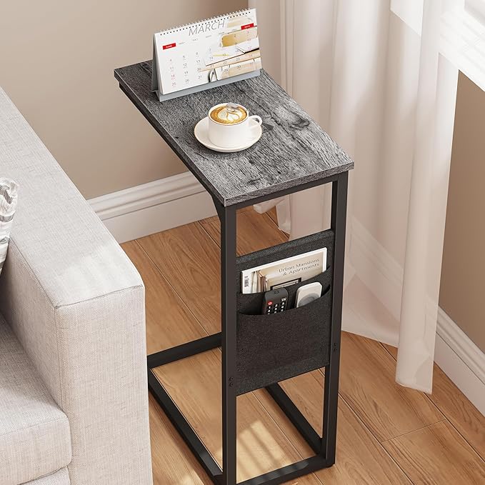 TUTOTAK C Shaped End Table, Side Table for Couch, Sofa Table with Storage Bag, TV Tray for Living Room, Bedroom, Charcoal Grey TB01BY0822
